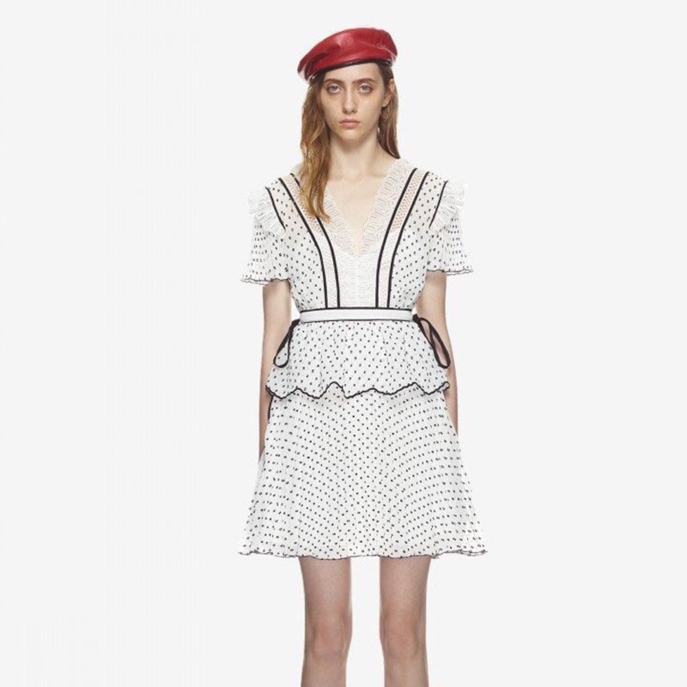 Self portrait polka dot lace trim ruffle dress UK6 - Picture 4 of 5